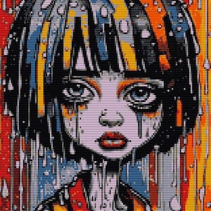 Op de afbeelding: Een digitale illustratie van een vrouw met zwart haar en kleurrijke strepen. Haar gezicht is geschminkt met witte make-up en ze heeft blauwe ogen. De achtergrond is een kleurrijk abstract patroon.