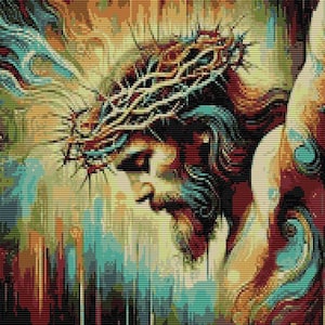 May include: A close-up of a painting depicting Jesus Christ with a crown of thorns. The painting is done in a vibrant style with a mix of blue, green, yellow, and red hues.