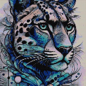 May include: A close-up of a blue and black leopard with a white background. The leopard's eyes are blue and its fur is patterned with black spots.