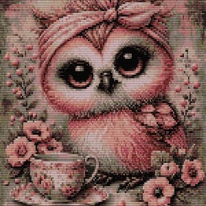 May include: A charming, pixelated image of a pink owl wearing a bow, surrounded by flowers. A teacup and saucer with floral patterns are in the foreground. The artwork has a soft, vintage aesthetic.