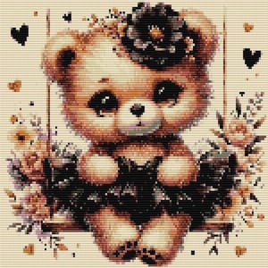 Può includere: Illustrazione digitale di un orsacchiotto con una corona floreale e un vestito nero, seduto su un'altalena. L'orso ha grandi occhi espressivi ed è circondato da fiori e cuori in una morbida tavolozza di colori.