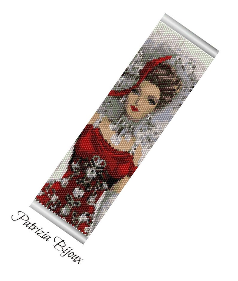 May include: A beaded bracelet featuring a portrait of a woman in a red dress and a matching headscarf. The design incorporates red, white, and black beads, with the text "Patrizia Bijoux" in cursive.
