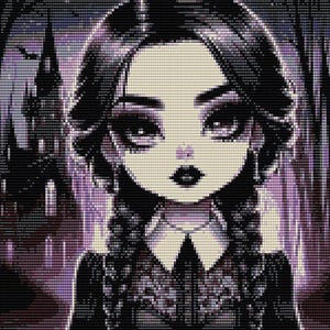May include: A digital illustration of a young woman with dark hair and a black dress. She has large eyes and dark lipstick. The background is a dark purple and black with a blurry image of a building.