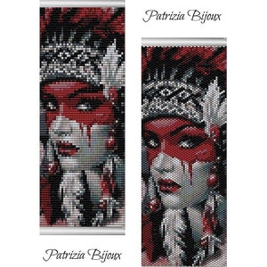 May include: A beaded pattern of a woman's face with red and white paint, black and white feathers, and the text "Patrizia Bijoux" repeated twice.