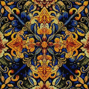 May include: A detailed, symmetrical pattern in shades of gold, blue, and black. The design features floral and geometric elements, creating a rich, ornate tapestry-like appearance. The overall effect is one of intricate detail and vibrant color.