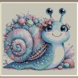 May include: A blue and purple snail with a sparkly shell and big eyes. The snail is surrounded by flowers and leaves.