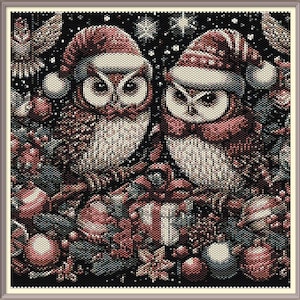 May include: Two owls wearing red Santa hats with white trim and white fur around their necks. The owls are surrounded by red and green ornaments and a gift box with a red bow.