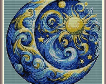 May include: A blue and gold crescent moon with swirling patterns and a sun with rays in the center. The design is reminiscent of a starry night sky.