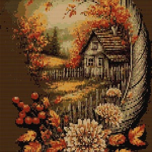 Può includere: Illustrazione dettagliata di una scena di cottage all'interno di una grande piuma. L'opera presenta una casa, una recinzione e un fogliame autunnale nei toni caldi dell'arancione, del marrone e del giallo, con una composizione floreale alla base.