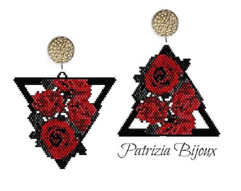 Pendentif et boucles d'oreilles motif brick stitch Peyote Triangle de Roses Rouges - Delica Miyuki - Tutoriel pdf 926