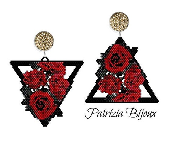 Peyote Brick Stitch Pattern Pendant and Earrings Red Roses