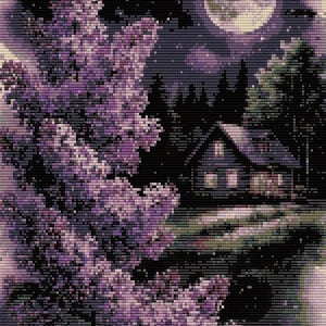 Può includere: Opera d'arte digitale raffigurante un paesaggio notturno. Una luna piena e una luna crescente brillano in un cielo stellato sopra una casa e degli alberi. Un cespuglio di lilla viola è in primo piano.