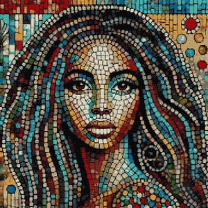 Op de afbeelding: Een mozaïekportret van een persoon met lang, golvend haar. Het portret is gemaakt van kleine, kleurrijke tegels, waardoor een textuur en een abstract effect ontstaat.