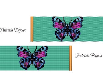 Könnte beinhalten: Ein Armband aus Perlen mit türkisfarbenem Hintergrund und einem lila-blauen Schmetterlingsdesign. Das Armband ist von Patrizia Bijoux.
