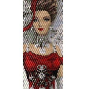 May include: A beaded portrait of a woman in a red dress and a red headpiece. The image is composed of small, colorful beads, creating a mosaic effect. The text "Patrizia Bijoux" is at the bottom.