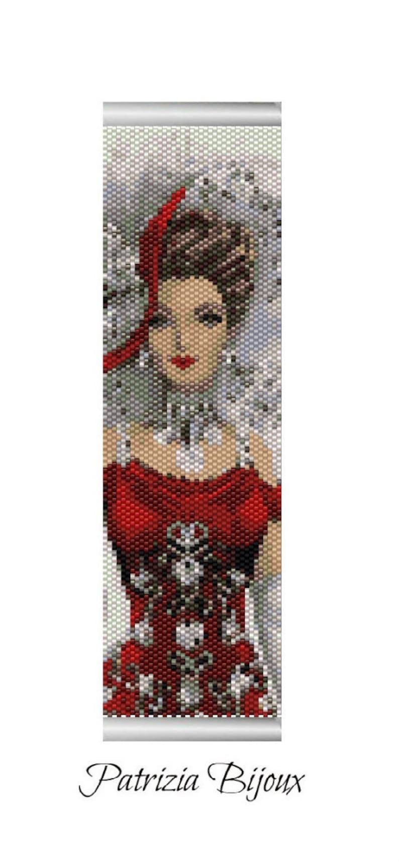 May include: A beaded portrait of a woman in a red dress and a red headpiece. The image is composed of small, colorful beads, creating a mosaic effect. The text "Patrizia Bijoux" is at the bottom.