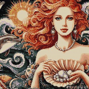 May include: A woman with long red hair is holding a large seashell filled with pearls. She is wearing a pearl necklace and earrings. The background is a dark blue and green swirl pattern.