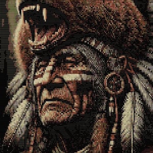 Op de afbeelding: Gedetailleerd portret van een Indiaanse man met een berenhoofdtooi. De afbeelding toont ingewikkelde details van het gezicht van de man, de hoofdtooi en traditionele kleding, met de nadruk op de open bek van de beer. Het kleurenpalet wordt gedomineerd door bruin, beige en zwart.