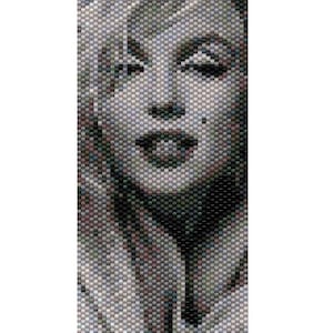 Puede incluir: Un retrato en blanco y negro de una mujer con el pelo corto hecho con cuentas. Las cuentas est&aacute;n dispuestas en un patr&oacute;n pixelado, creando un efecto de mosaico. La imagen est&aacute; enmarcada con una barra plateada en la parte superior y el texto "Patrizia Bijoux" en la parte inferior.