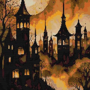 May include: A cross-stitch pattern depicting a nighttime cityscape with a large, glowing moon. Silhouetted buildings with spires and towers are set against an orange and yellow sky, with a reflective body of water in the foreground.