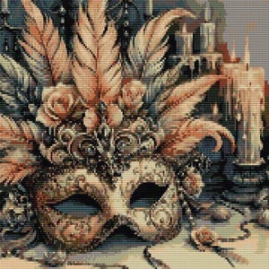 May include: An ornate Venetian mask, the focal point of the image, decorated with peach and cream feathers and roses. The background features candles and decorative elements, all in a muted colour palette.