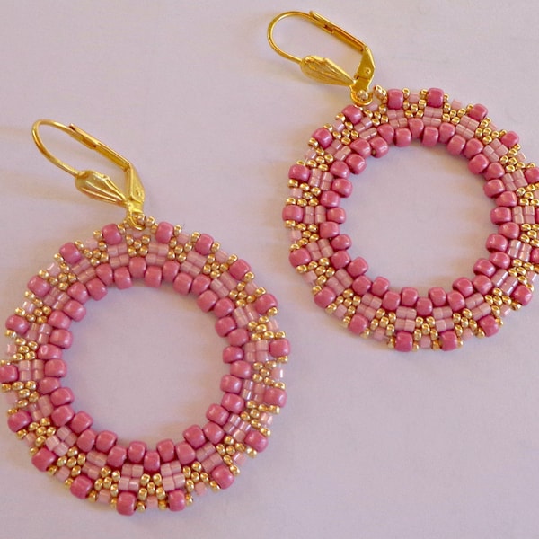 PDF tutorial for "Pink Circles" earrings in circular peyote - Seed beads and Delica Miyuki in Pink and Gold - Mod. Circle - Design Patrizia Bijoux