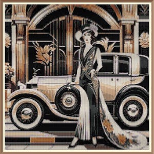 May include: A woman in a black and white dress stands next to a vintage car. The car is beige with black accents and has a black and white patterned interior. The woman is wearing a hat and has a feather boa around her neck.