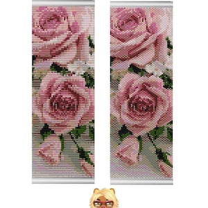 May include: A beaded bracelet with a pink rose pattern. The bracelet is made with small beads and has a silver clasp.