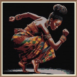May include: A woman in a colorful patterned dress dances with her arms raised. The background is black.