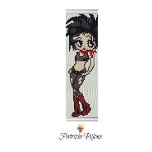 May include: A beaded bracelet with a cartoon image of a woman with black hair, wearing a black top, black fishnet stockings, and red shoes. The background is white.