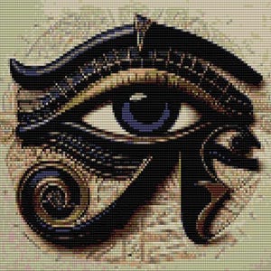 Peut inclure: Une illustration détaillée de l'œil d'Horus, un symbole égyptien antique de protection et de bonne santé. L'œil est représenté dans un schéma de couleurs bleu foncé et or, avec des détails et des motifs complexes.