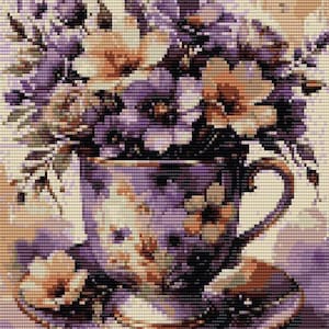 May include: A bouquet of purple, white, and yellow flowers in a purple and white teacup with a handle. The teacup is sitting on a saucer with a floral design.