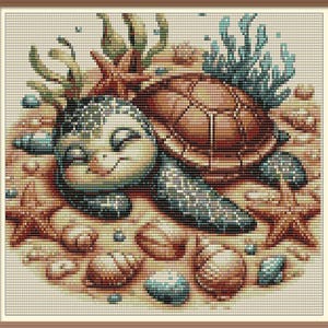 May include: A close-up of a cartoon turtle with a blue and green shell, sleeping on a sandy beach with seashells and starfish. The turtle has a brown shell and a light brown body.