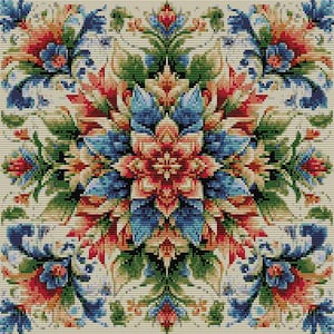 Può includere: Un design floreale quadrato e pixelato con un motivo simmetrico di fiori e foglie. Il design incorpora sfumature di rosso, blu, verde e crema, creando un'immagine vibrante e dettagliata. Il tema generale è decorativo.