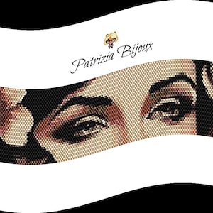 May include: A beaded bracelet with a close-up of a woman's eyes. The bracelet is made with small beads in various shades of brown, black, and white. The text "Patrizia Bijoux" is visible in the upper right corner of the image.