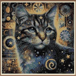 May include: A close-up of a cat's face with a starry night background. The cat's fur is a mix of black, brown, and white, and its eyes are a bright blue. The background is a dark blue with white stars and a crescent moon.