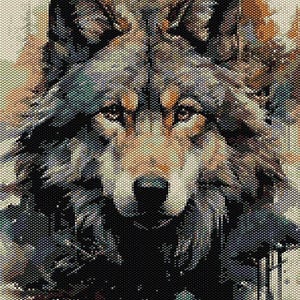 Può includere: Un dipinto ad acquerello di una testa di lupo su uno sfondo sfocato. La pelliccia del lupo è un mix di grigio, marrone e nero. Gli occhi del lupo sono di un marrone scuro.