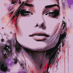 May include: A mosaic portrait of a woman with a soft, dreamy aesthetic. The artwork features a palette of purples, reds, and whites, with a focus on the woman's face and flowing hair. The style is reminiscent of watercolor painting.