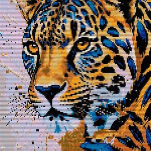 May include: A diamond painting kit featuring a stylized leopard portrait. The image is composed of small square tiles in vibrant shades of orange, deep blue, and black, depicting the feline's face with intense amber eyes and detailed fur patterns.