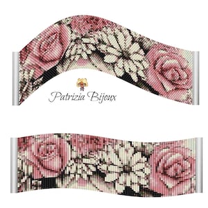 May include: A beaded bracelet with a pink and white floral design. The design features roses and other flowers. The bracelet is curved and has a silver clasp.