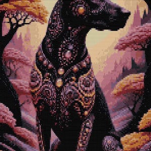 May include: A digital art print of a black dog with intricate, ornate patterns in shades of purple, gold, and pink. The dog is set against a backdrop of stylized trees and a soft, yellow-toned sky, creating a fantasy scene.