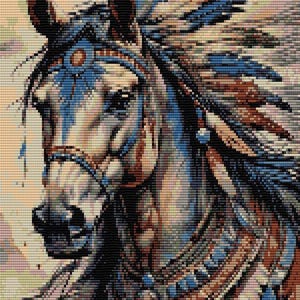 Peut inclure: Image de tête de cheval de style mosaïque, ornée d'attributs d'inspiration amérindienne. Le cheval porte une coiffe de plumes bleues et marron et des ornements de poitrine assortis. L'œuvre utilise un effet pixélisé, créant un aspect texturé.