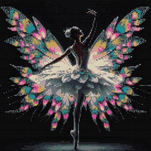 May include: A ballerina with butterfly wings, wearing a white tutu and posing on a black background. The wings are made of colorful mosaic tiles.