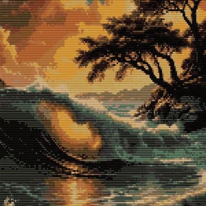 Può includere: Una stampa d'arte digitale pixelata di un tramonto sull'oceano. Il cielo è pieno di nuvole arancioni, gialle e verde acqua. Le onde si infrangono in primo piano e un albero in silhouette si trova sul lato destro dell'immagine.