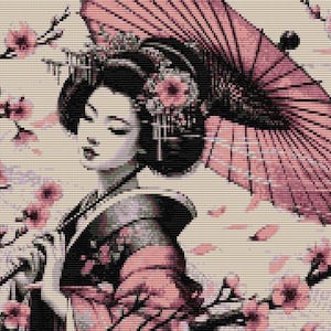 Può includere: Immagine pixelata di una geisha con un parasole rosa e accenti floreali. La geisha indossa un kimono tradizionale e ha elaborati ornamenti per capelli. Fiori di ciliegio sparsi intorno alla geisha.