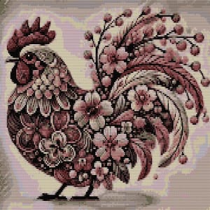 May include: A detailed illustration of a rooster, composed of floral patterns in shades of pink, burgundy, and cream. The rooster's comb and wattle are a deep burgundy, and its body is adorned with flowers and leaves.