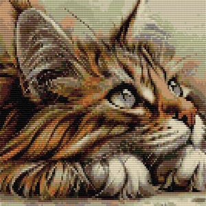 May include: A digital artwork depicting a cat with brown and orange striped fur and blue eyes. The cat is lying down, with its paws and head resting. The image has a pixelated effect, creating a textured appearance.
