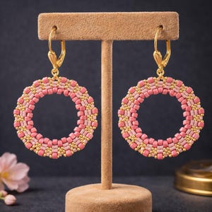 Circular Peyote Earrings Pattern "Cerchi Rosa" - Rocailles e Delica Miyuki colori Rosa e Oro - Mod. Cerchio - Design Patrizia Bijoux