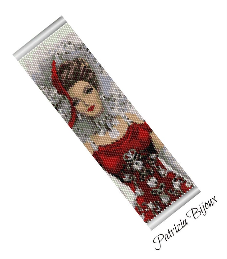 May include: Beaded bracelet featuring a portrait of a woman in a red dress and a red hair accessory. The bracelet has a silver-colored border and the text "Patrizia Bijoux" in the bottom right corner.