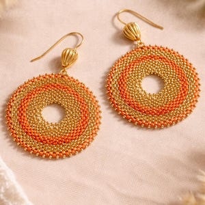 Circular Peyote Earrings Pattern "Golden Sands" - Circular Peyote Technique with Rocailles and Delica Miyuki Beads. PDF Tutorial.